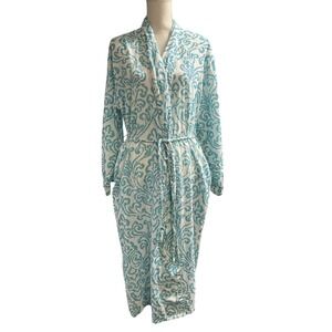 Pinecone Hill Robe White Cotton Blue Print‎ Size S/M Waist Tie Long Loungewear